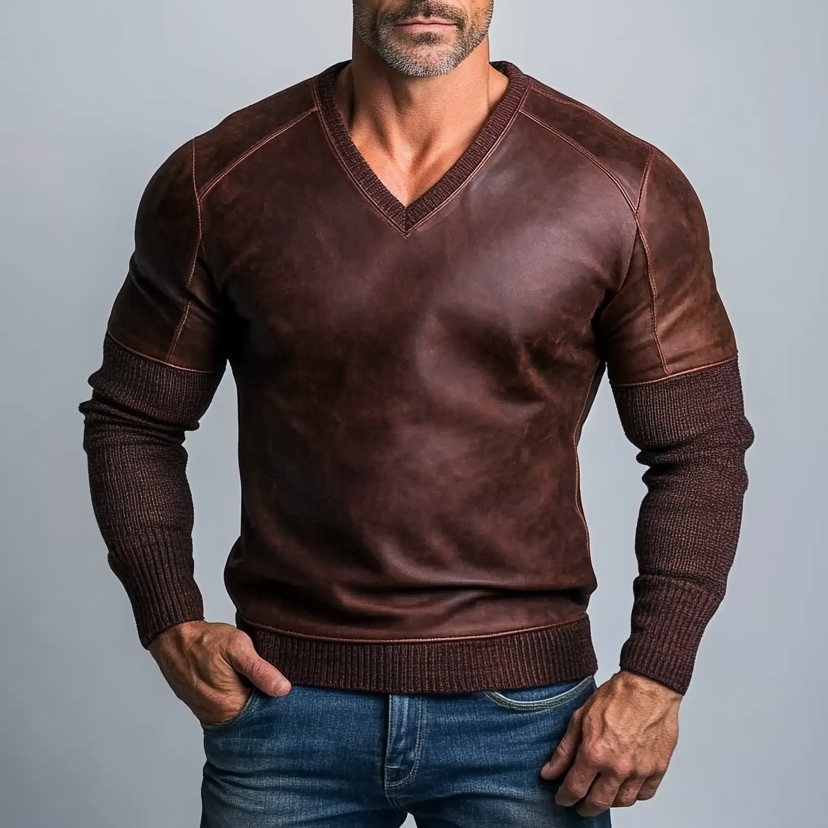 Men's PU Leather Knit V Neck Long Sleeve Sweatshirt