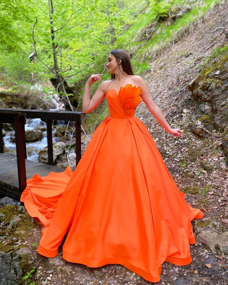 Hellodresses Orange Feather Strapless Sweetheart Sleeveless A Line Prom Dress
