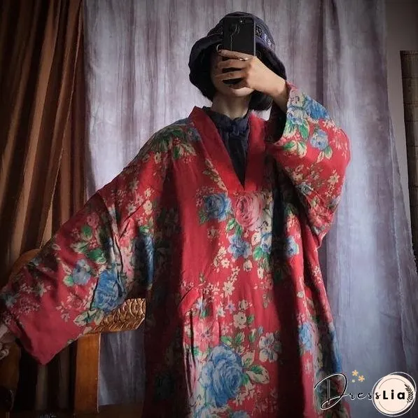Loose Cotton Printed V Neck Padded Dress Ladies Vintage Robes Female