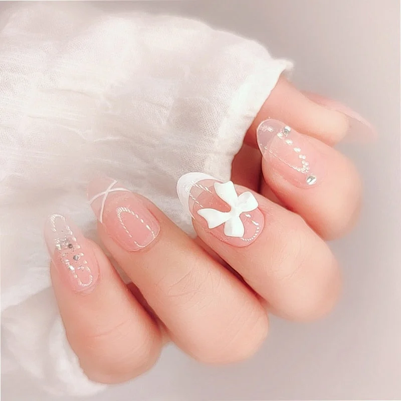 24Pcs/box Full Cover Short round press on nails Pink Dripping Shape Heart Bride nail tips Wearable Fake Nail with Glue for girls-Nail Inspo
