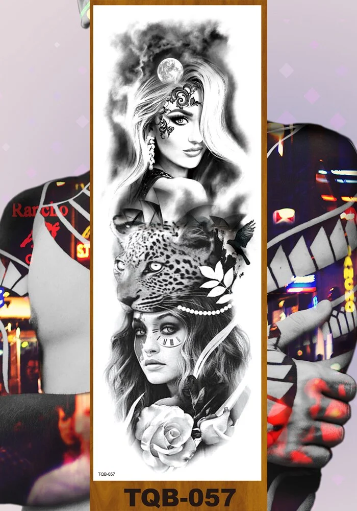 Full Flower Arm Temporary Tattoo Sticker Man Woman Body Leg Art Fake Tatoo Beauty & Snake Bear Owl Fox Mermaid Egypt Queen Sexy