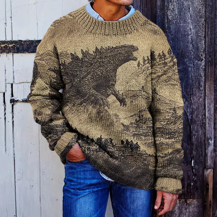 VChics Vintage Godzilla Japanese Art Style Knitted Warm Crew Neck Sweater