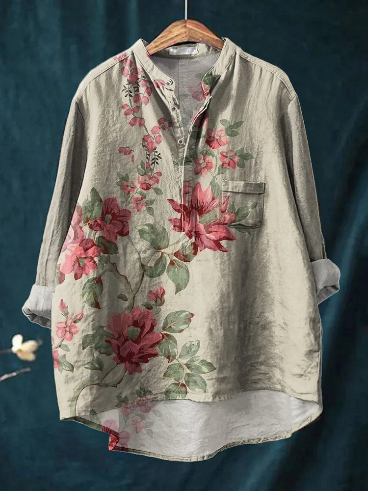 Women's Vintage Flower Art Print Casual Long Sleeve Comfortable Cotton Shirt