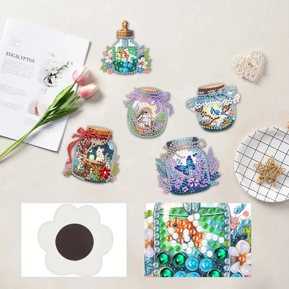 5pcs DIY Animal in Bottle Acrylic Special Shape Diamond Painting Fridge Magnets
