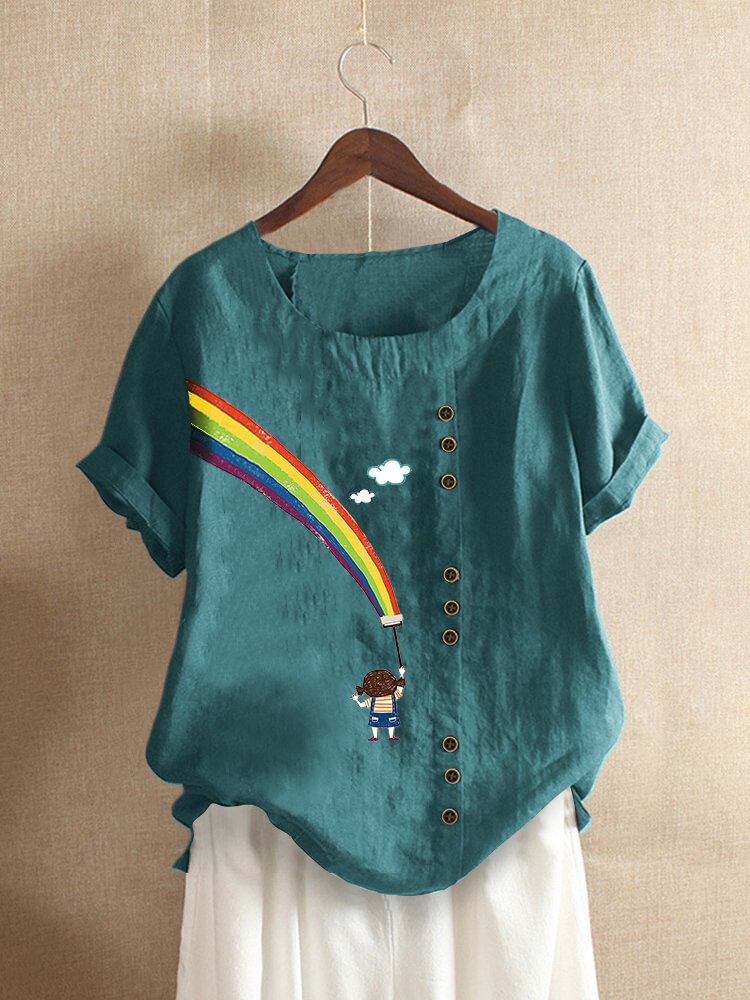 Rainbow Print Short Sleeve Casual Shirt For Women P1664915