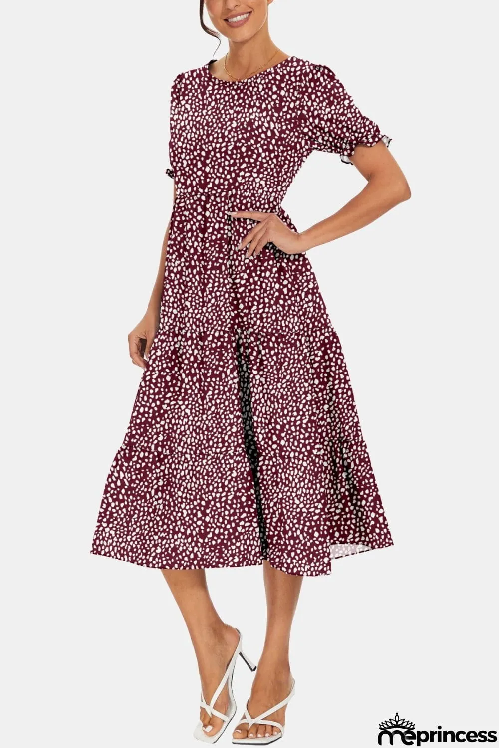 Round Neck Flounce Sleeve Midi Dress