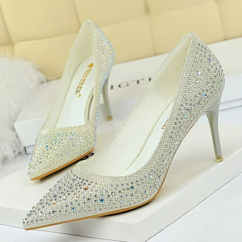 BIGTREE Shoes Rhinestone Woman Pumps Fashion Wedding Shoes Women Basic Pump Stiletto Heels 10cm 7cm Heeled Shoes High Heels