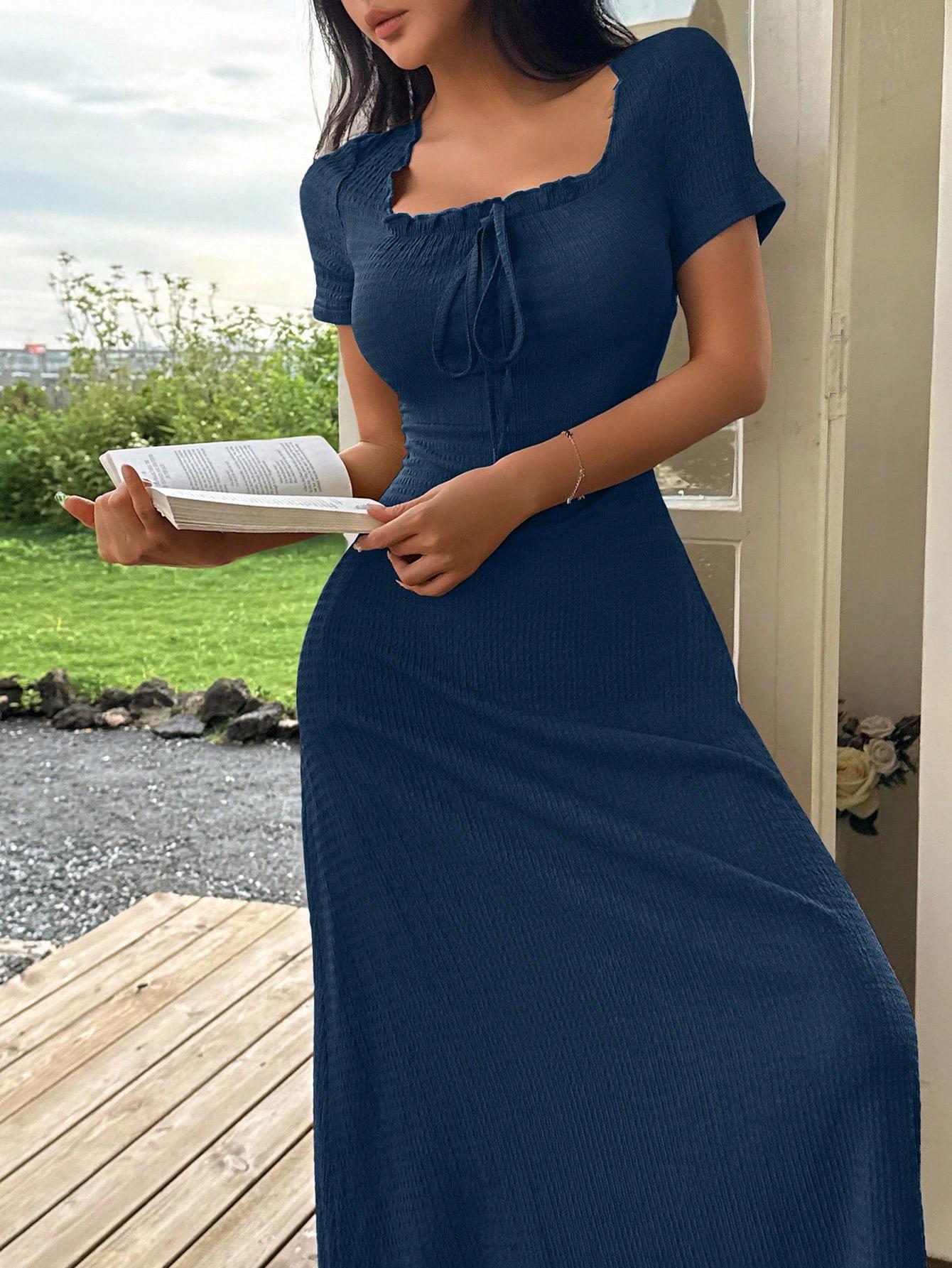 Women's Casual Solid Color Jacquard Gathered Ruffle Trim Square Neck Maxi Loungewear Dress Brown Dress Lounge Dress Summer Dress Tie Front Dress Midi Dress