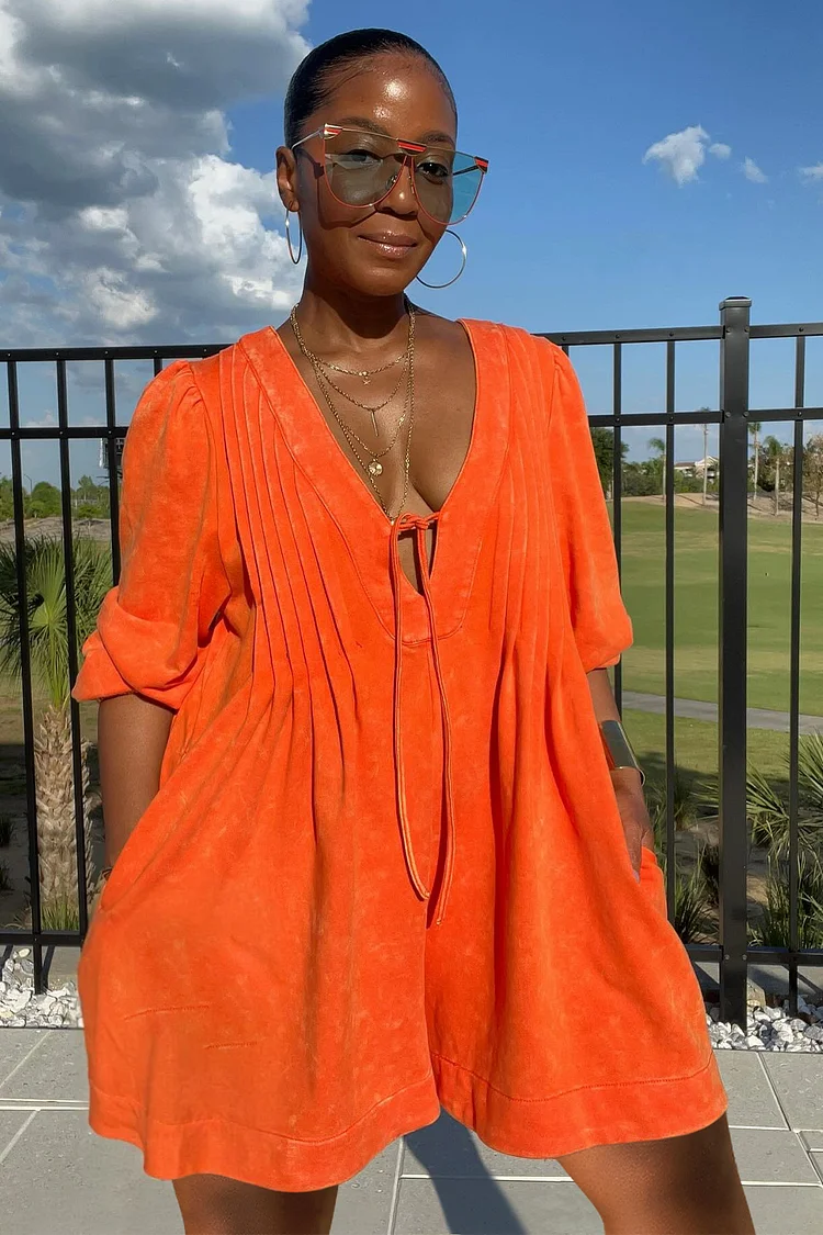 Deep V Neck 3/4 Sleeve Pleated Wide Leg Romper Playsuit-Orange [Pre Order]