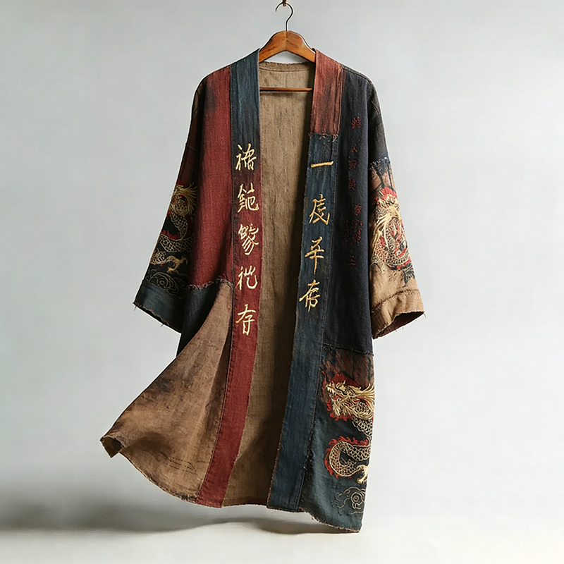 Men's Retro Dragon Pattern And Calligraphy Print Color-blocked Long Kimono elevenforest