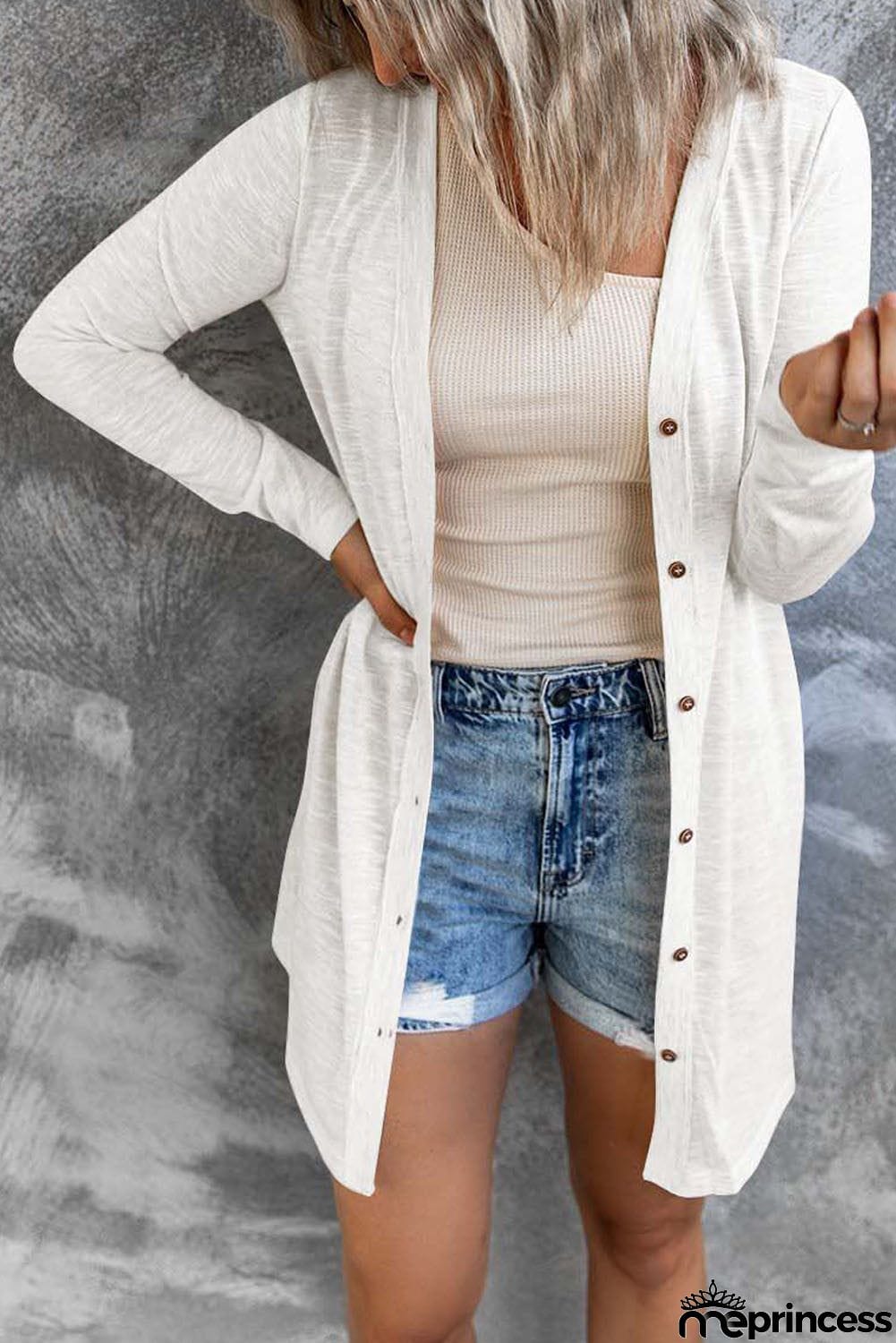 Solid Color Open-Front Buttons White Cardigan