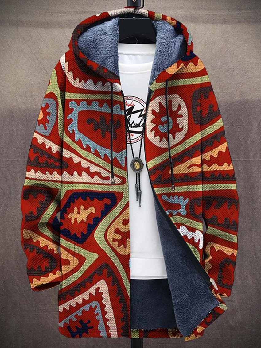Unisex Vintage Geometric Art Pattern Plush Thick Long-Sleeved Sweater Coat Cardigan