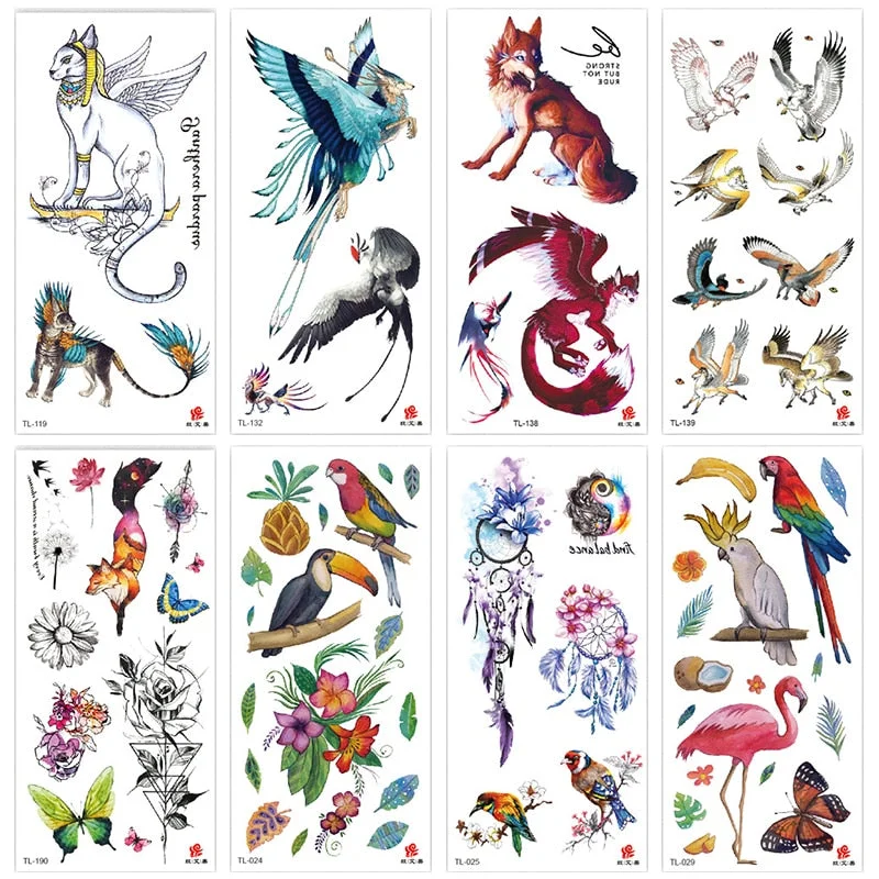 Animal and plant totem flower butterfly bird fox body arm waterproof men and women healthy natural temporary tattoo stickers