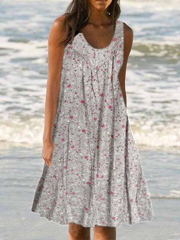 Plus Size Floral Print Beach Women Summer Midi Dresses