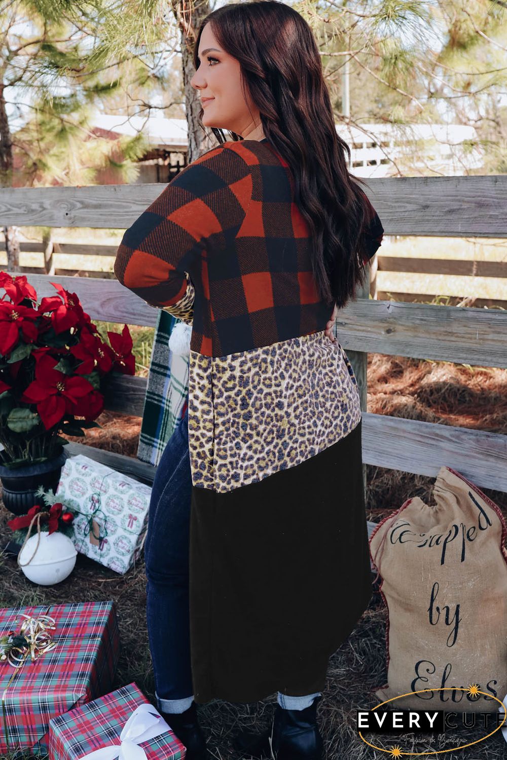 Red Buffalo Plaid Leopard Colorblock Plus Size Duster Cardigan