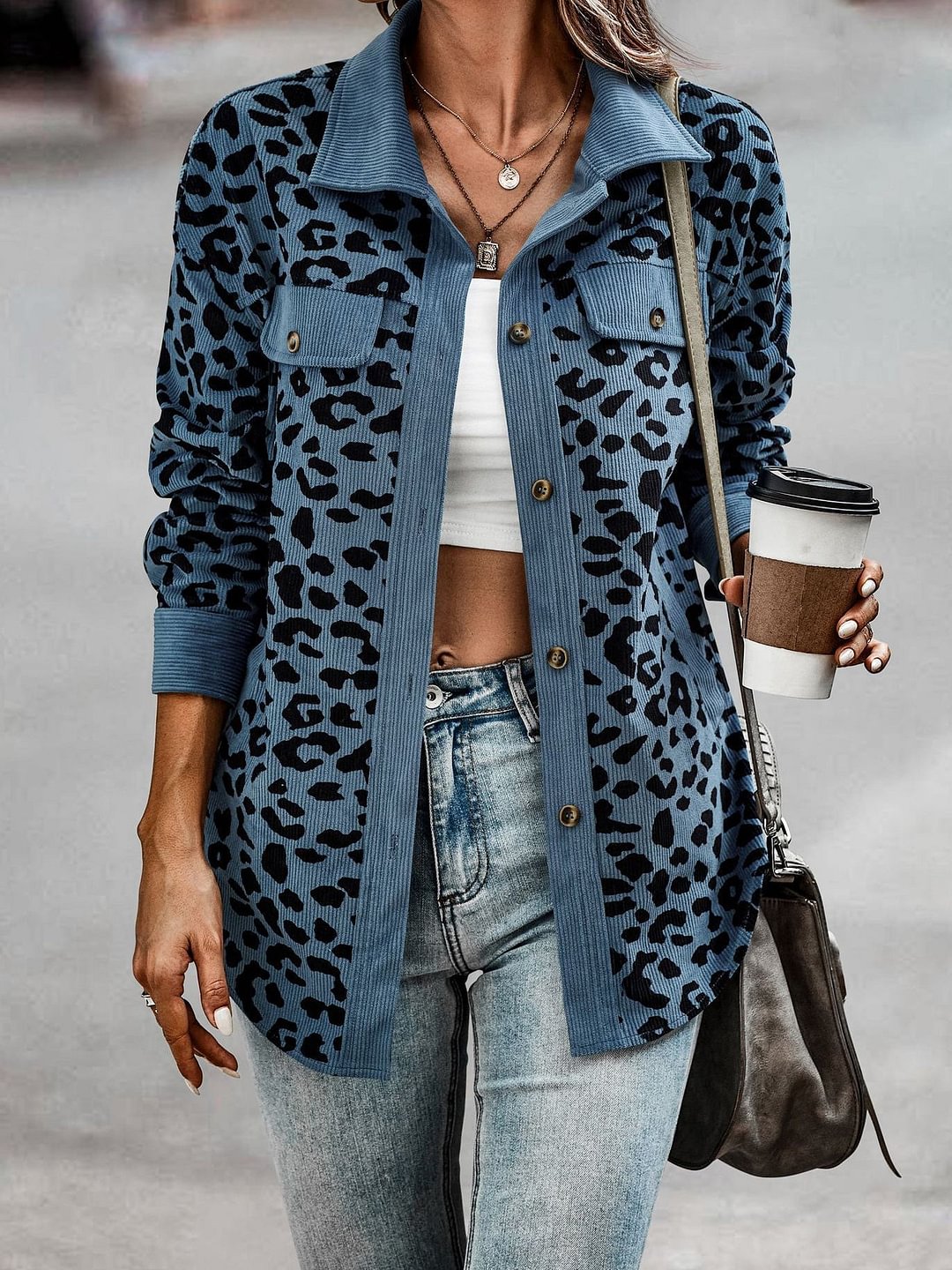 Women's Jackets Leopard Print Pocket Button Long Sleeve Jacket MusePointer