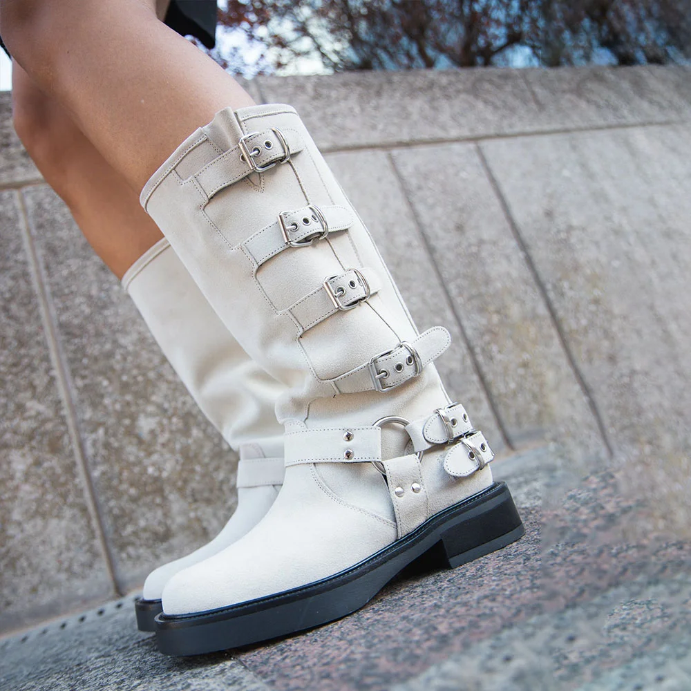 Buckle Strap Motorcycle Shoes Chunky Heel Mid-Calf Boots in White
