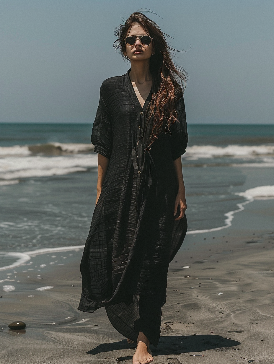 Caftan Kimono Solid Black Color Beach V-Neck Kaftan Dress