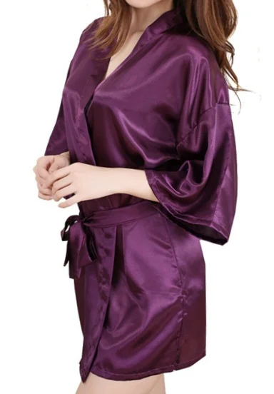 Brownm Women's Nightgray Simulation Silk Color Clove And Robe Light Face Solid Color Thin Cardigan Summer Sexy Short Bathrobe