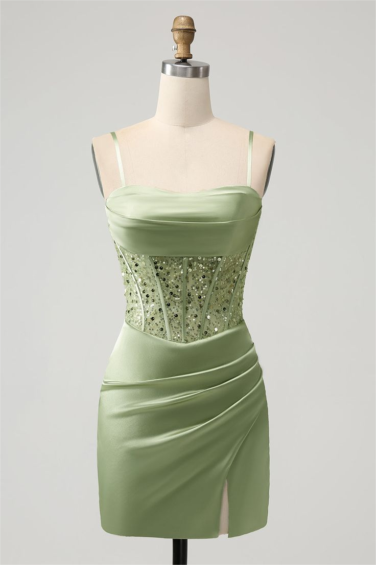 Lvs&Broner Sage Green Satin Spaghetti Strap Pleated Split Homecoming Dress with Beadings