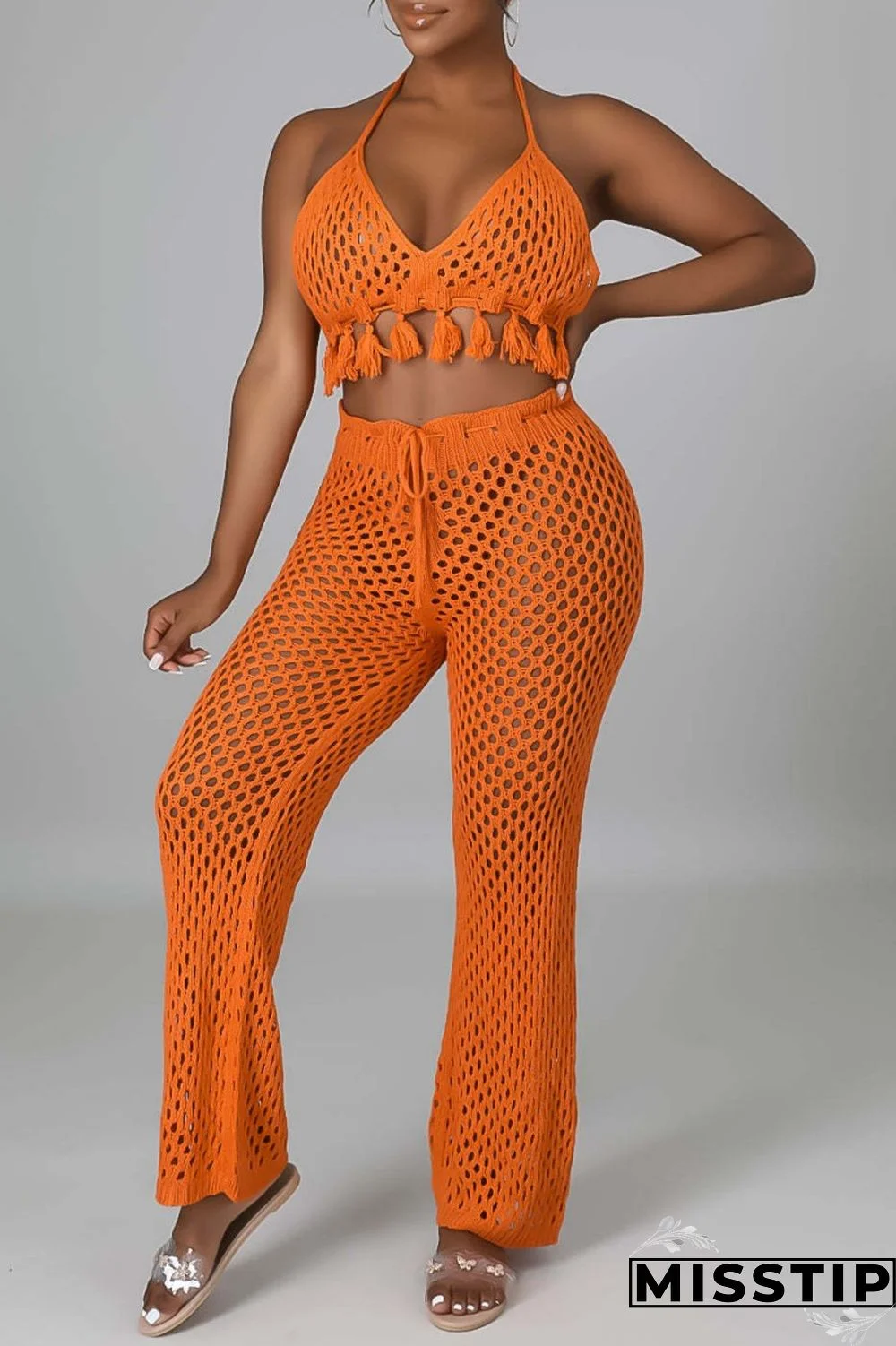 Orange Sexy Solid Bandage Hollowed Out Backless Halter Sleeveless Two Pieces