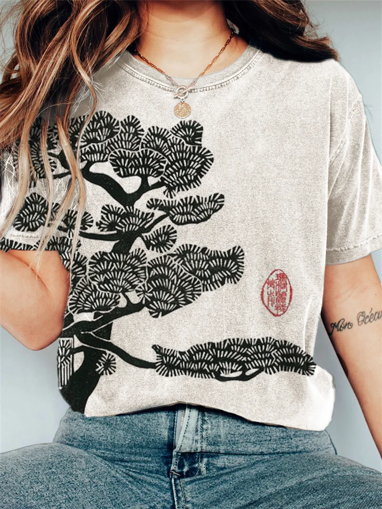 Pine Tree Japanese Lino Art Vintage T Shirt