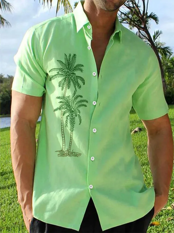 Summer Short-sleeved Large Yards Coconut Tree Pattern Printed Shirt Men's Casual Tops Shirt Green White-Cosfine