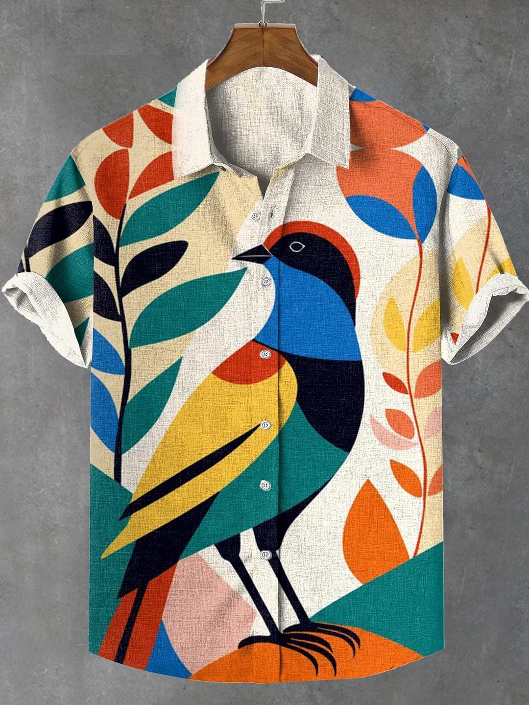Men's Colorful Boho Bird Pop Contrast Color Modern Art Print Linen Blend Shirt
