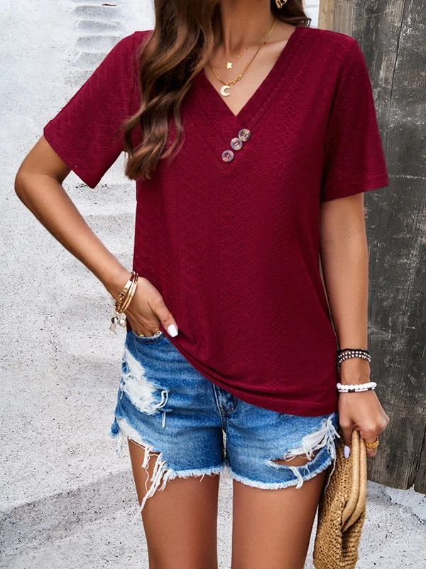 Split-Joint Hollow Buttoned Short Sleeves Loose V-Neck T-Shirts Tops