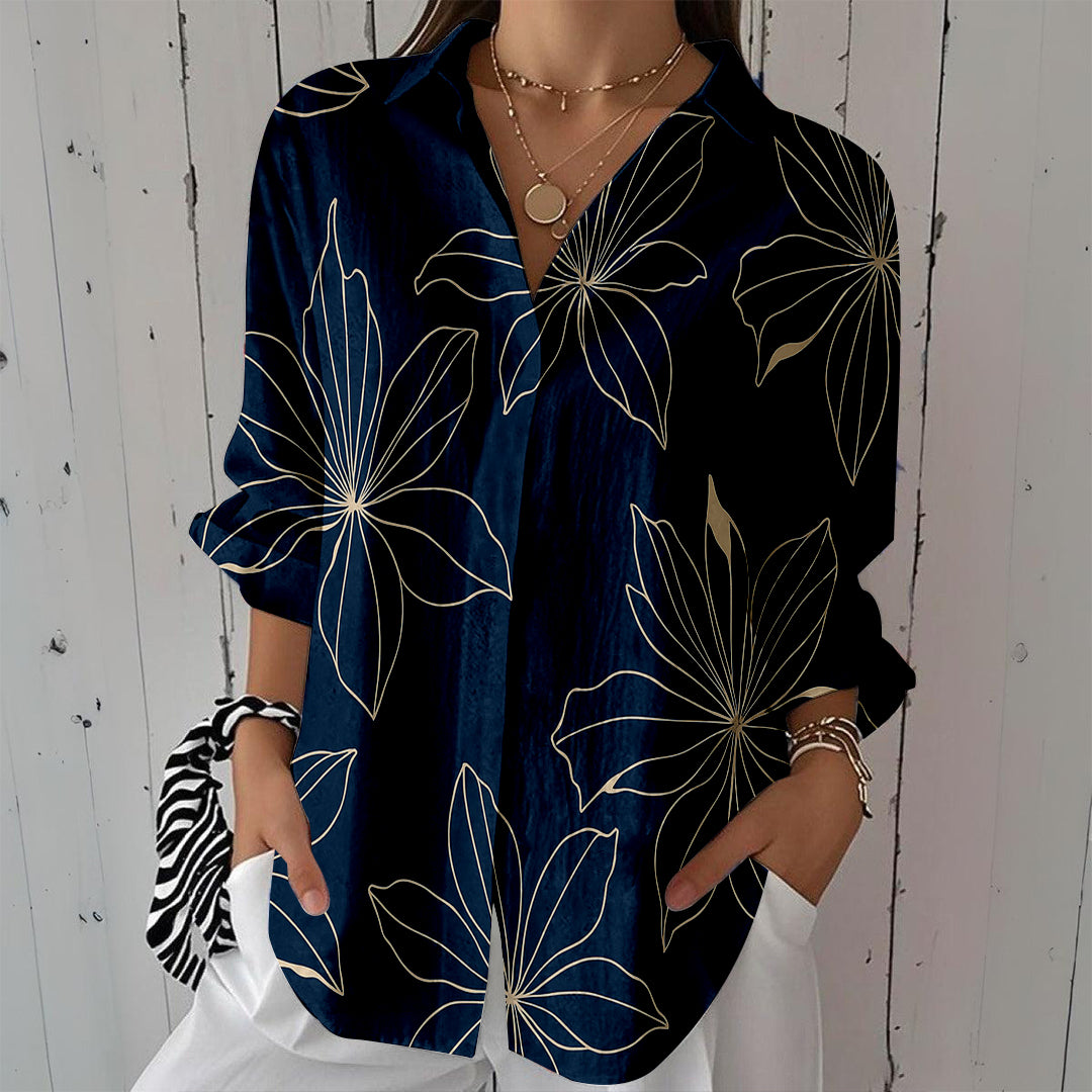 Women Long Sleeve V-neck Graphic Floral Printed Top