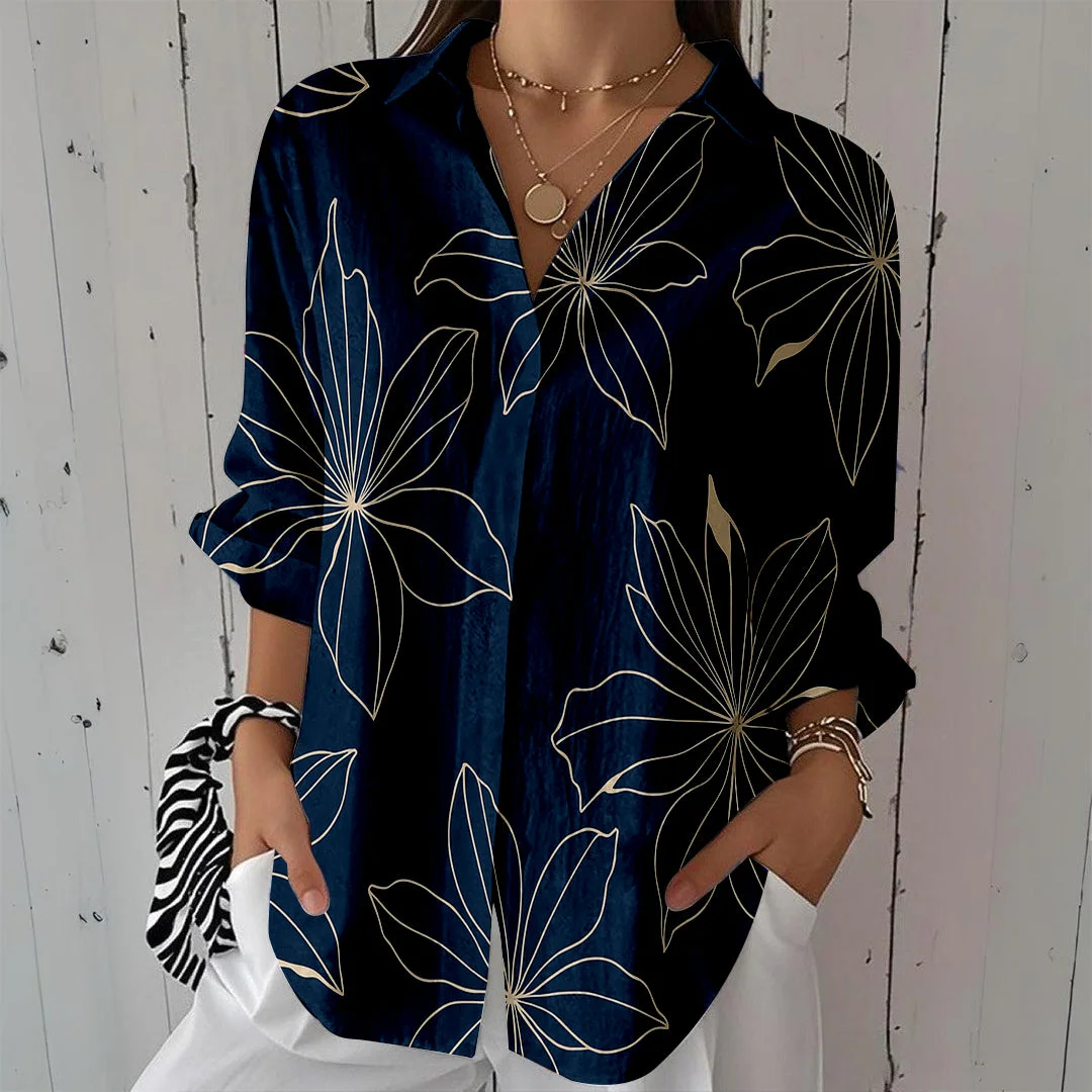 Style & Comfort for Mature Women Women Flowers, Blue DZCL0369 3/4 Sleeve Shirt Collar Printed Button Tops