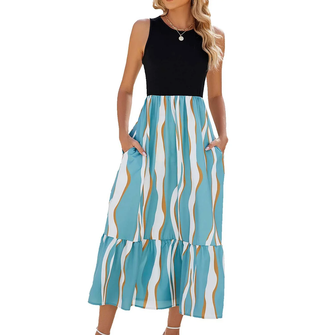 Churchf Churchf / Summer 2024 New Round Collar Sleeveless Print Tie-Dye Casual Dress Woman