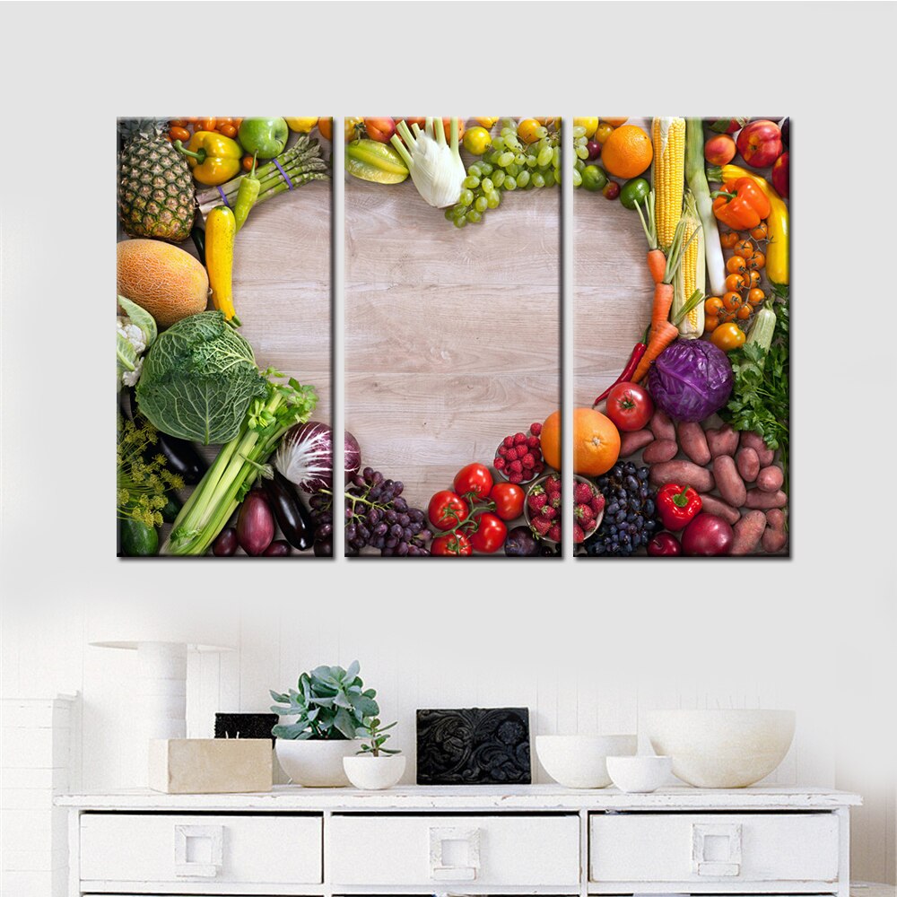Drop Shipping Unframed 3 Pieces Heart Shape Vegetable-fruit Wall Canvas Art Poster for Living Room Home Decor Nordic Decoration