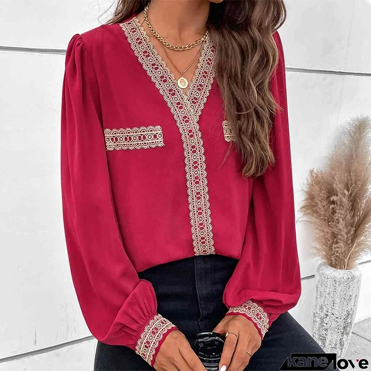 Contrast V-Neck Puff Sleeve Blouse