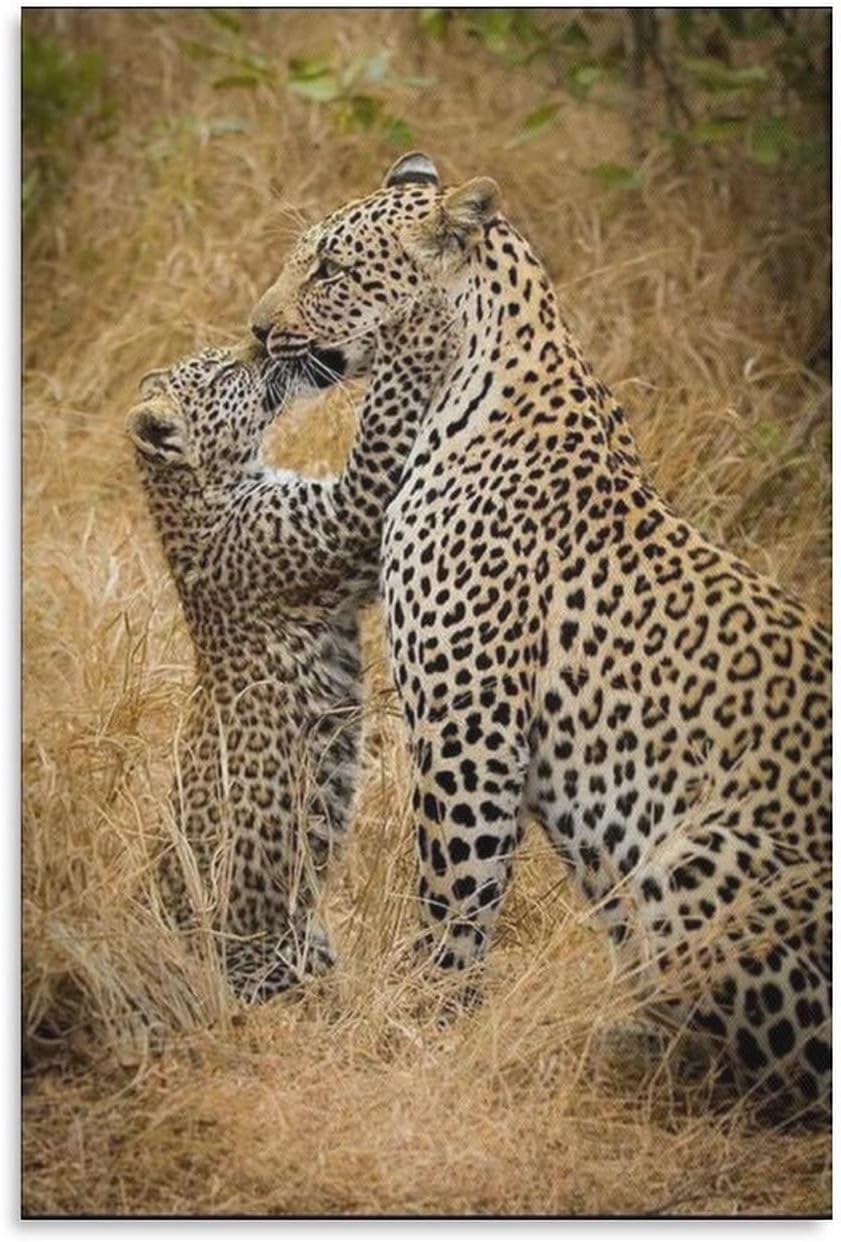 Cute Leopard Baby Kiss Leopard Mom Wild Animal Canvas Poster Bedroom Decor Sports Landscape Office Room Decor Gift,Canvas Poster Wall Art Decor Print Picture Paintings for Living Room Bedroom Decorati 16x24inchs(40x60cm)
