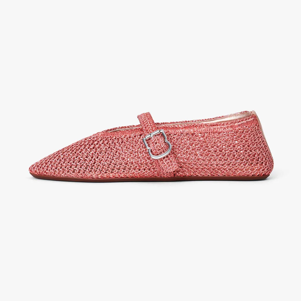 Simple Mesh Round Toe Buckle Strap Mary Jane Flats in Pink