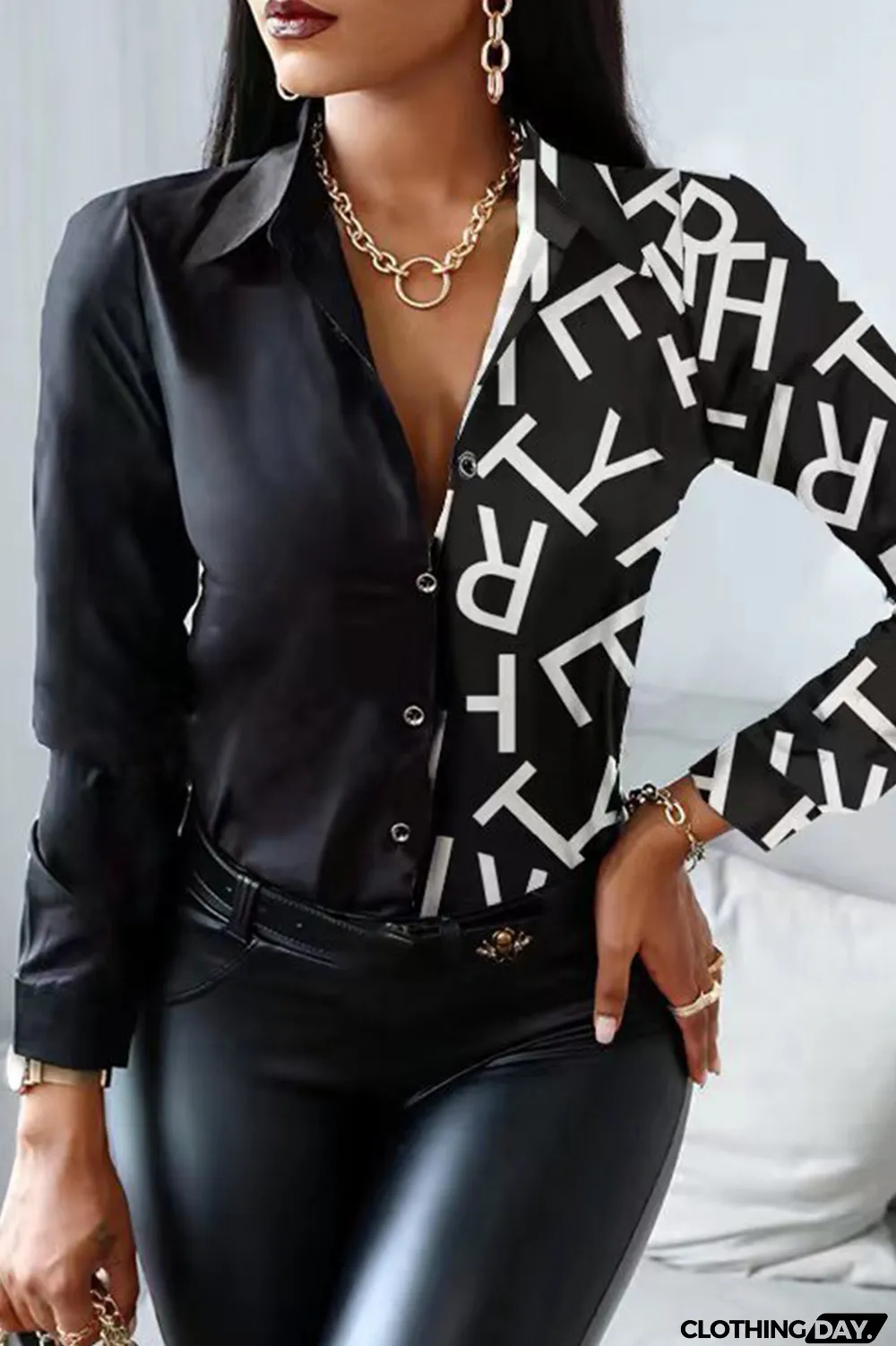 White Fashion Casual Print Patchwork Turndown Collar Tops