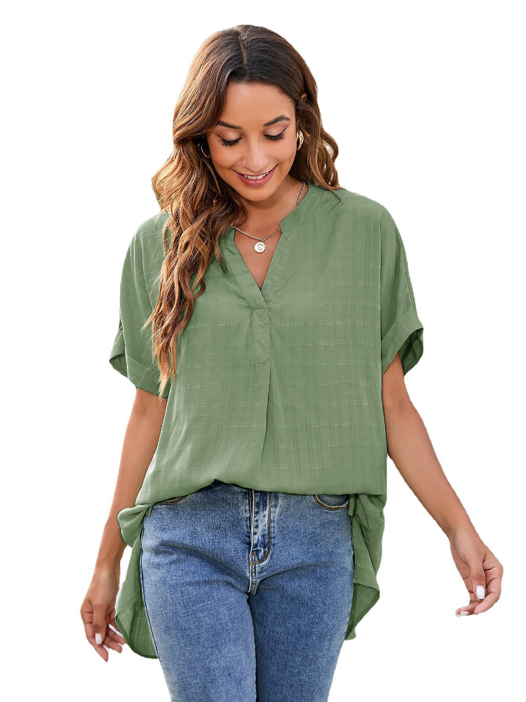 Women Short Sleeve Solid V-neck Casual Pullover Shirt