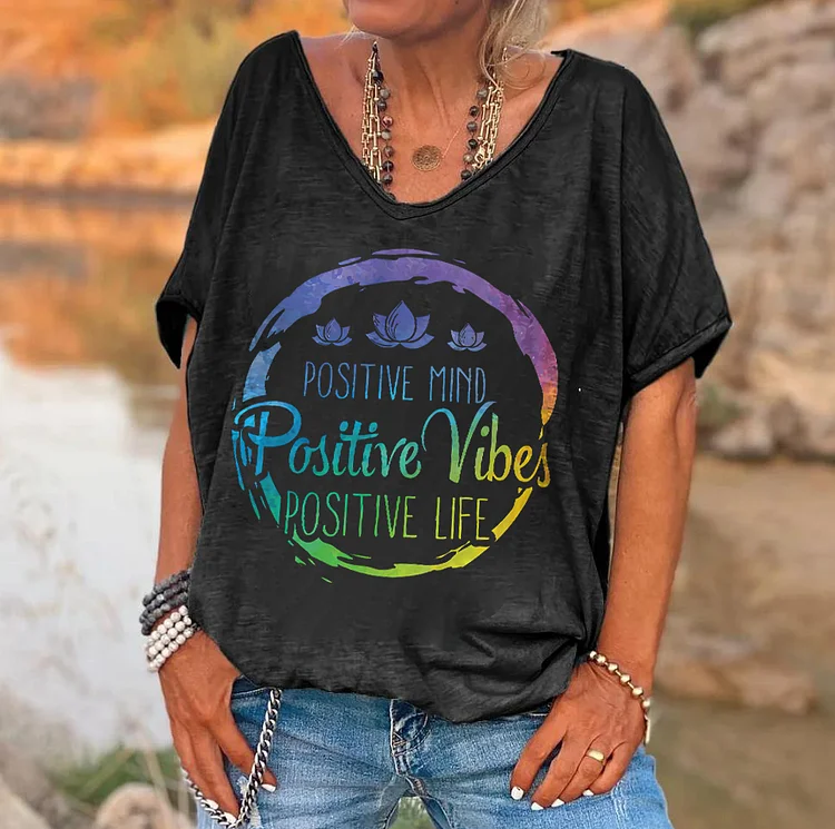 Positive Mind Positive Vibes Printed Women's V-neck T-shirt