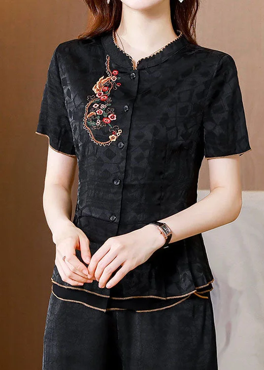 Chinese Style Black Embroideried Patchwork Silk Shirts Summer
