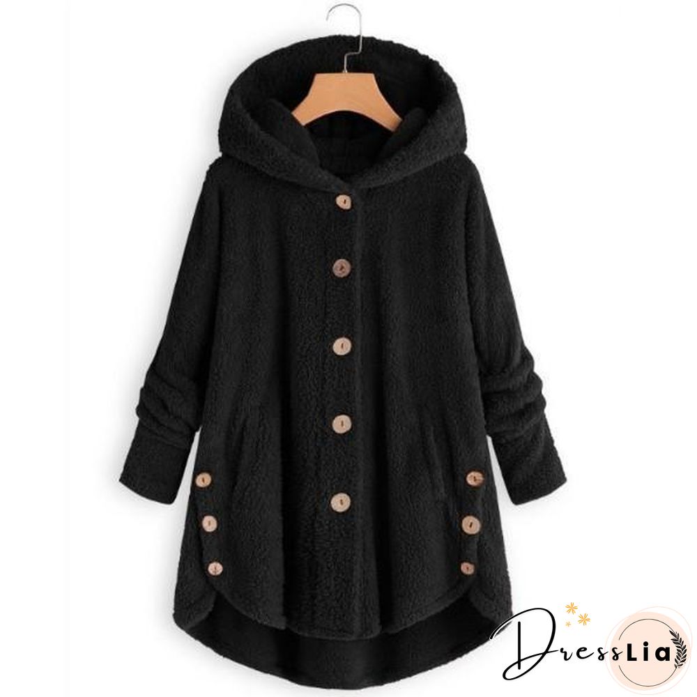 Button Solid Color Warm Coat With Hood