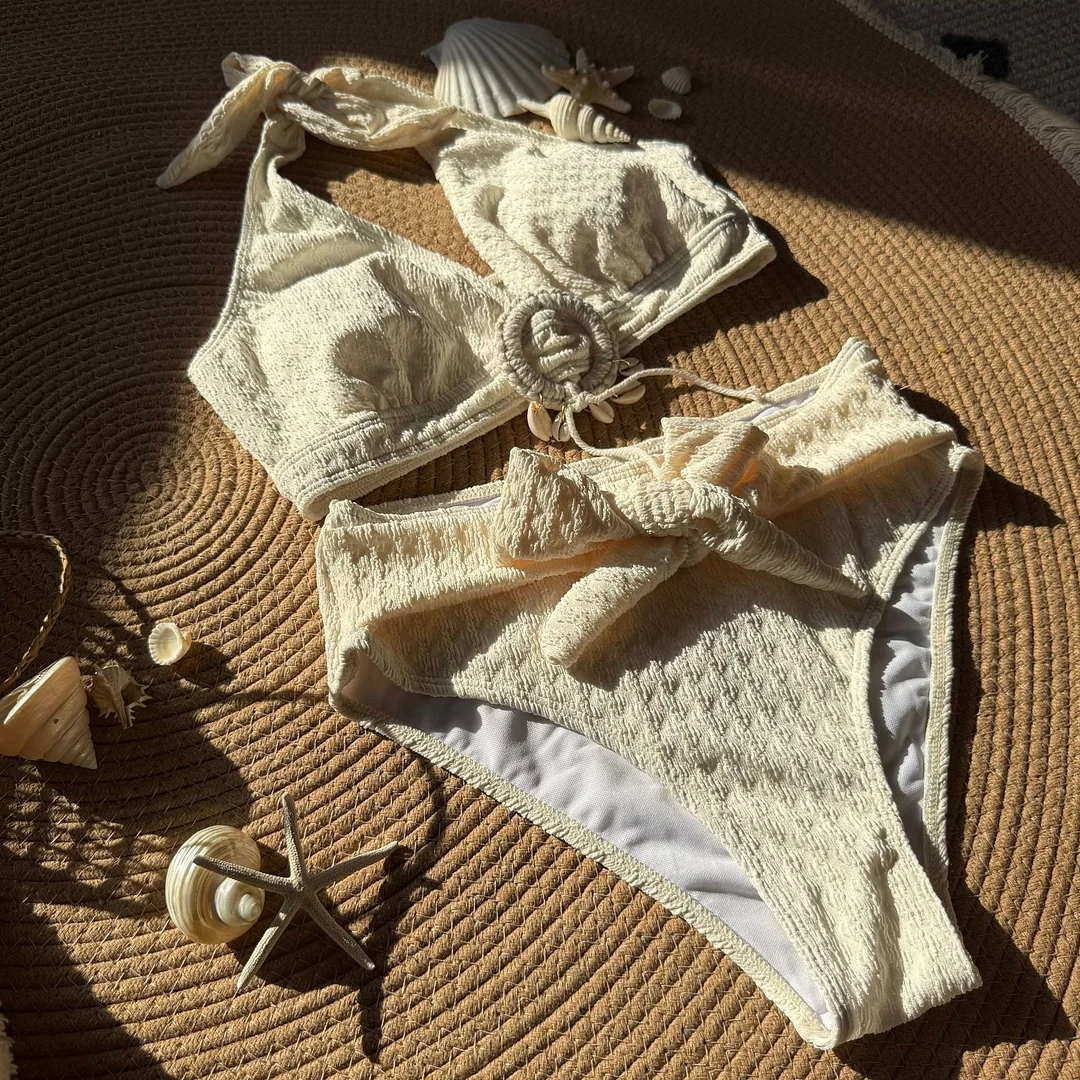 Uveng 2025 New Small Fresh Shell Beach Special Fabric High-Waisted Split Swimsuit Swimsuit