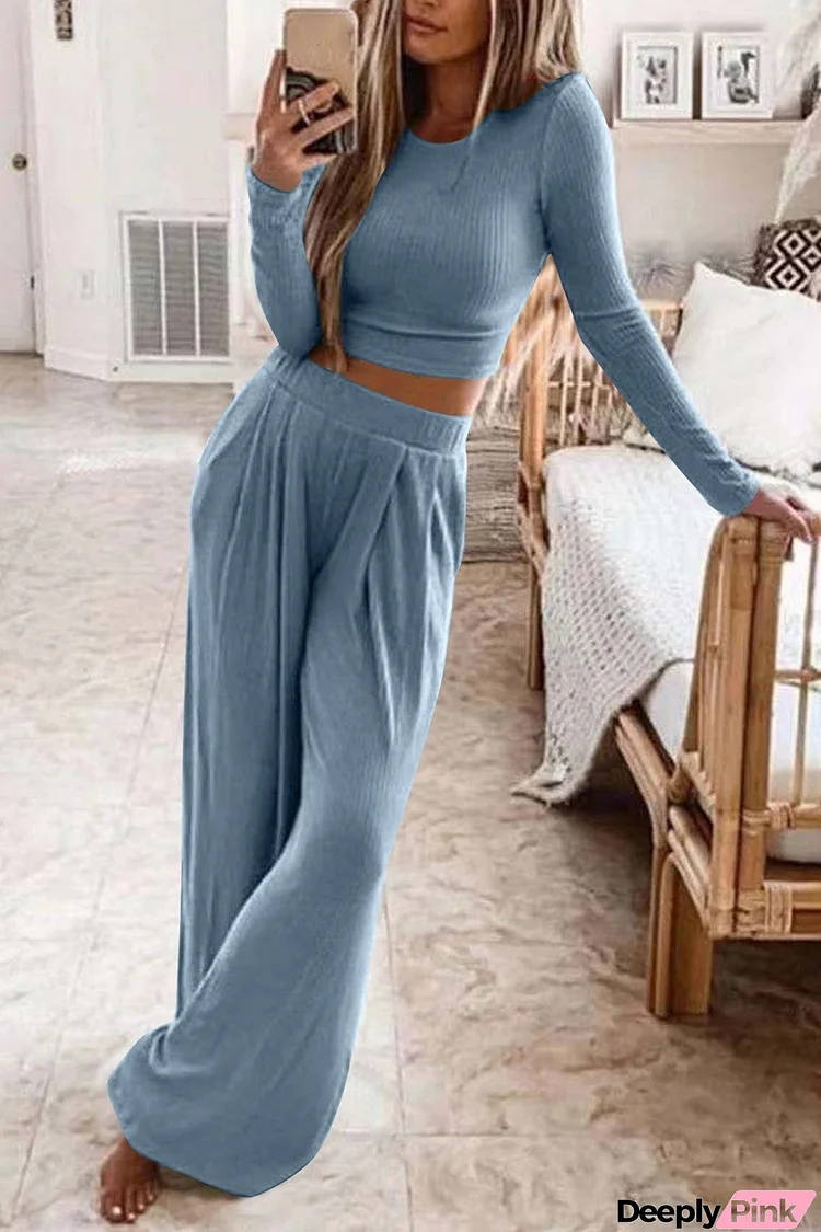 Solid Color Ribbed Crop Top Long Pants Set