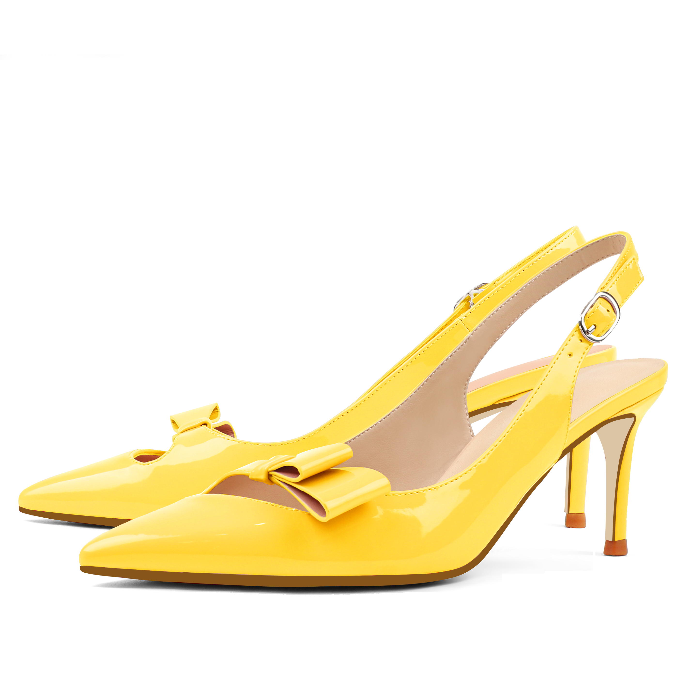 6.5cm /2.55 inch Pointed Toe Bows Slingback Buckle Pumps Kitten Patent Heels