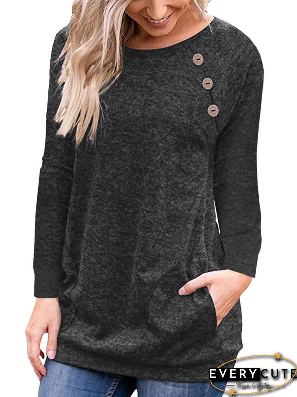 Casual Solid Button Long Sleeves Tunic Pocket Long Sleeve T-shirt