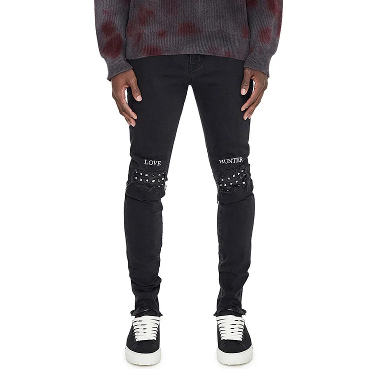 Ripped Rivet Jeans Hip-Hop Stretch Men's Jeans at Hiphopee