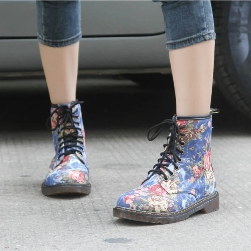 Comemore Printing Flowers Fashion Female Low Heel Lace Up Martin Soft Sole Ankle Boots Lace Up Platform Women's Shoes Autumn 40