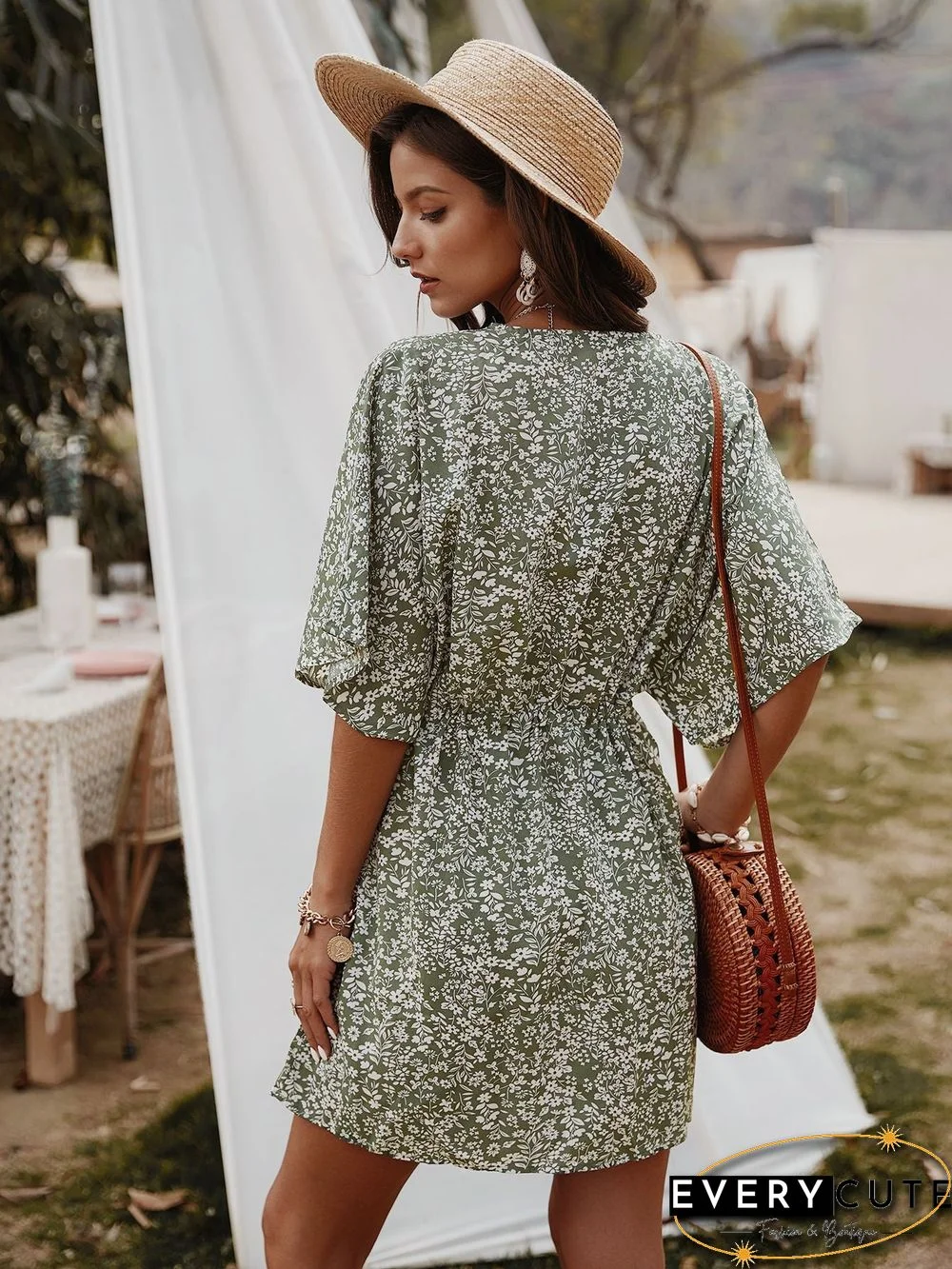 Floral V-Neck Half Sleeve Mini Dress