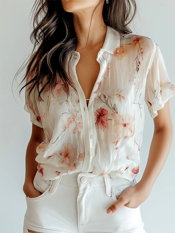 Sheer Floral Button-Up Short Sleeve Romantic Blouse