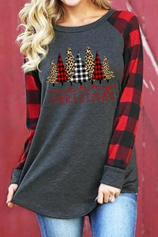 Merry Christmas Trees Plaid Leopard Printed T-Shirt